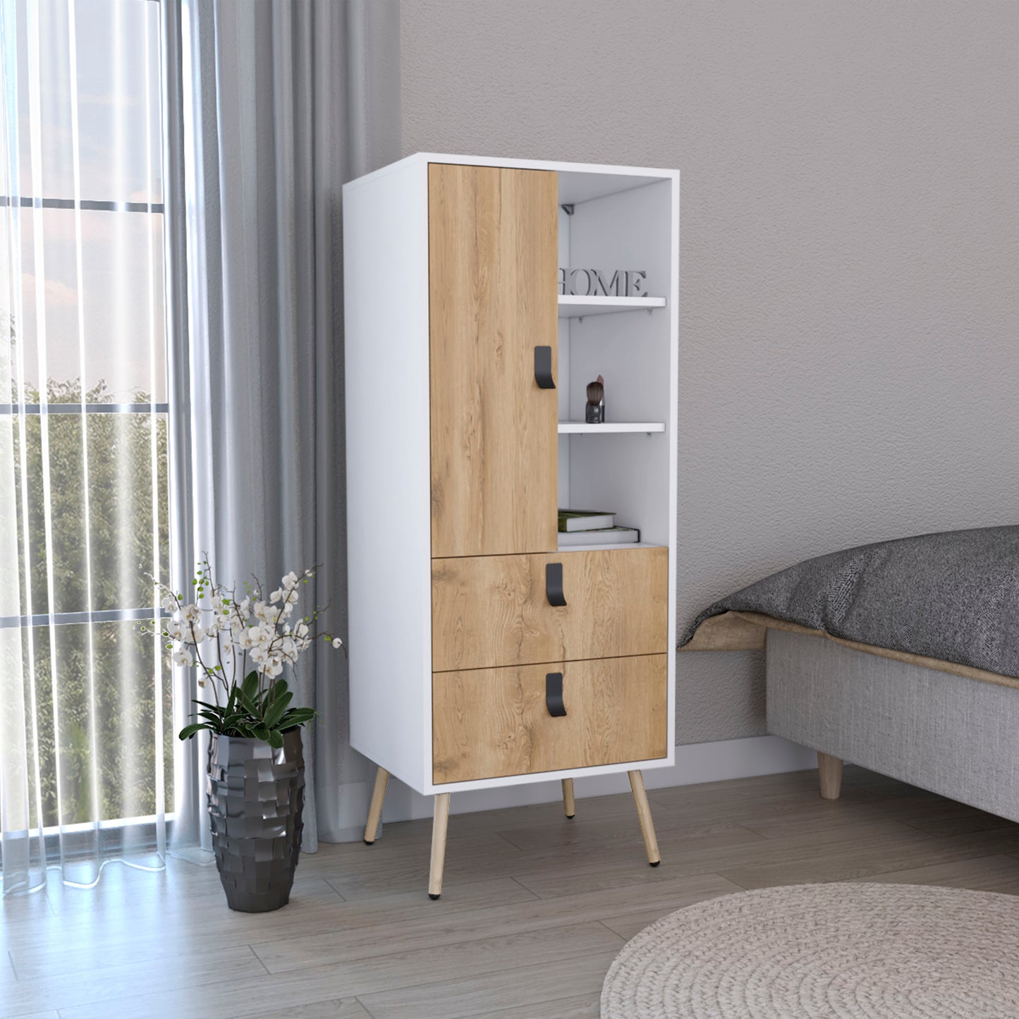 Huna Tall Dresser, Unit with Door, 2 Drawers, and Open Shelves