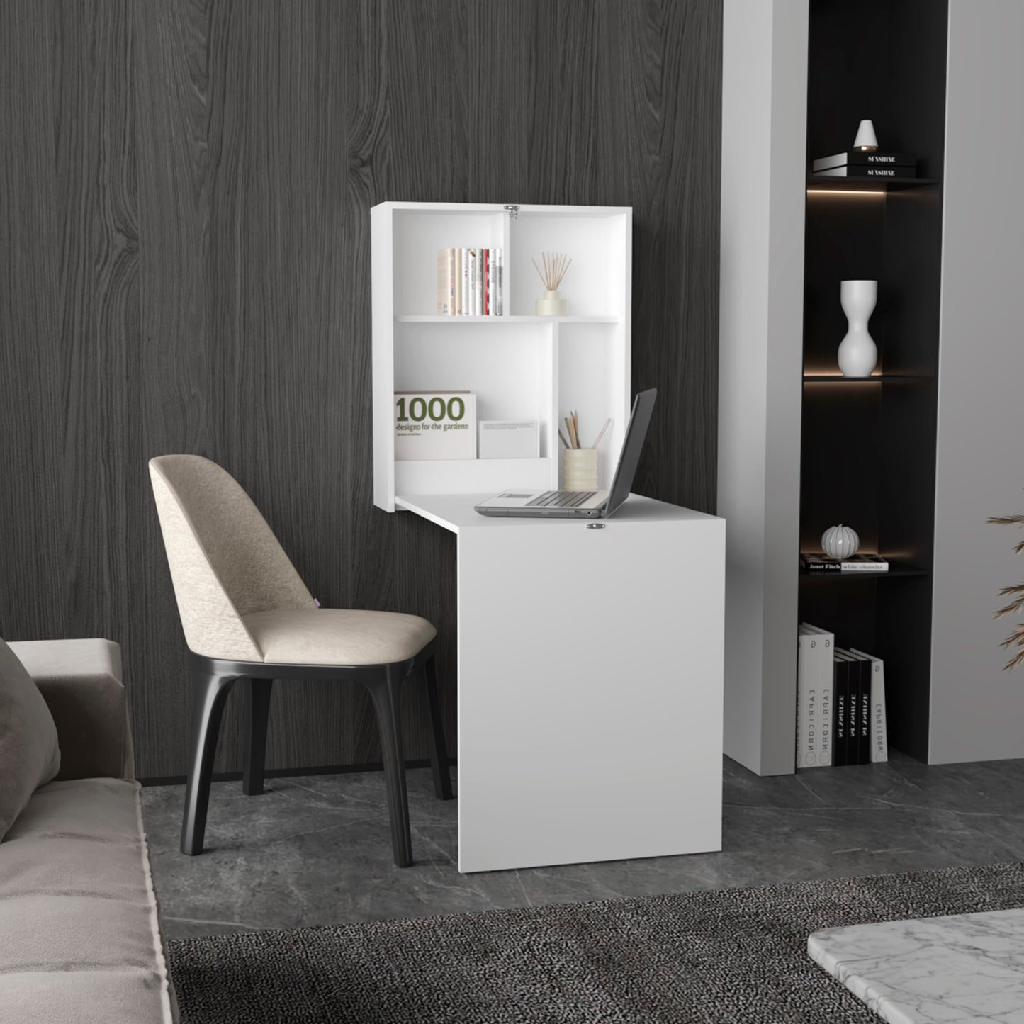 Kaplar 33" Wide x 23" Deep folding Table with Four Shelves, Floating Table, Retractable Table, Floating Desk, Ironing Table White