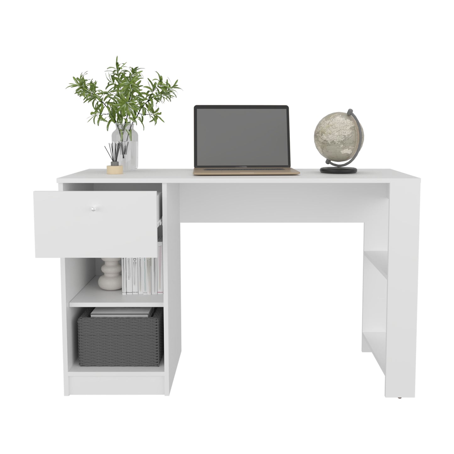 120-Home 47" Wide White Desk - Four Shelves, One Drawer Office Storage