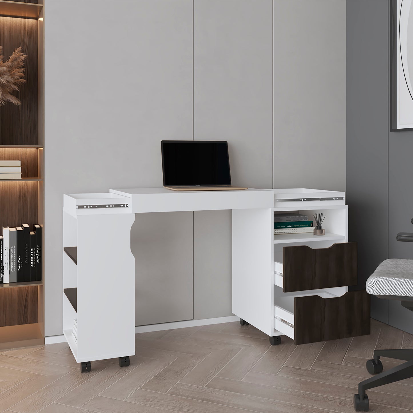 San Diego 54" Wide Two Drawer Expandable Desk with Seven Shelves and Casters White - Dark Walnut