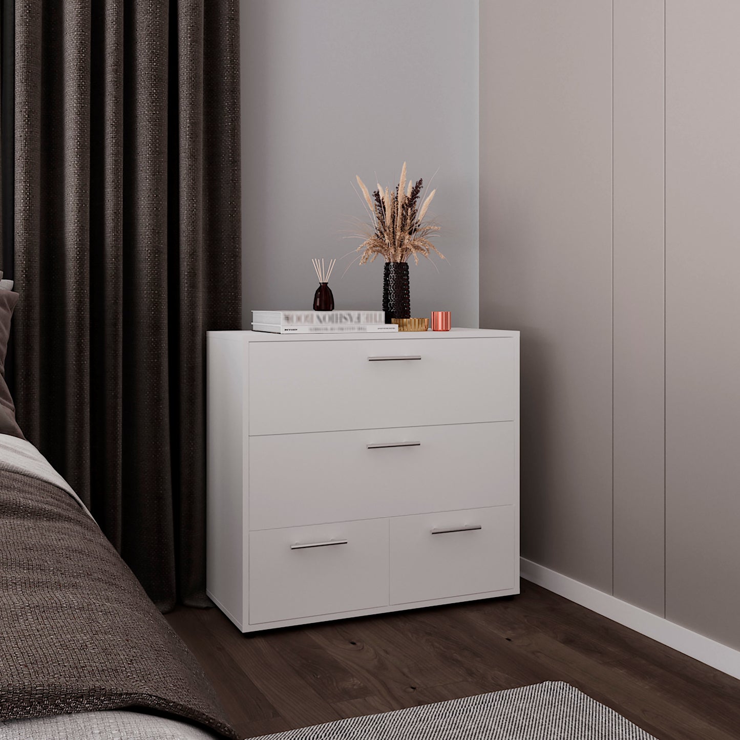 Alpine Wide Four Drawer Dresser, Bedroom Storage, White