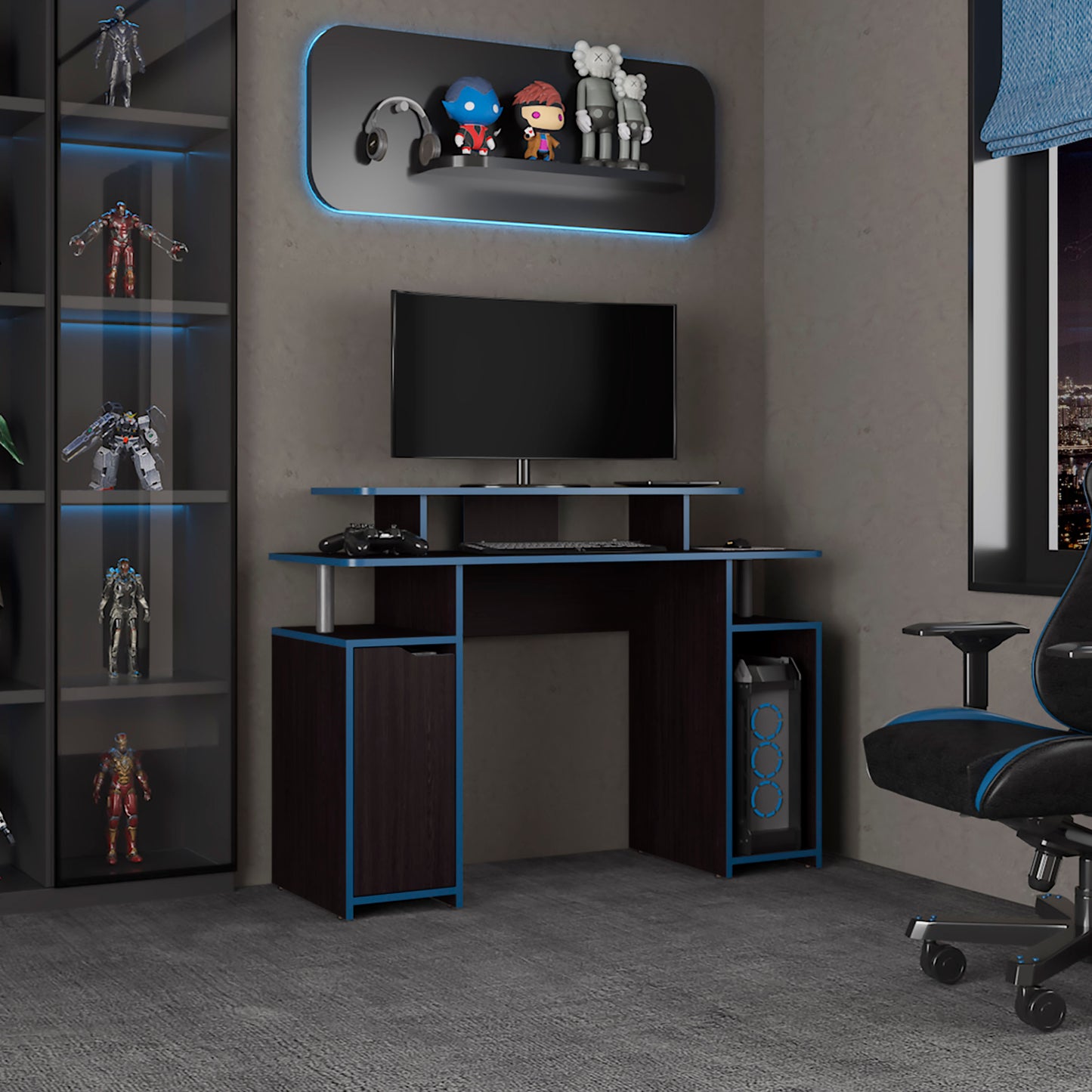 Keria 47" Wide 2-Tier Gamer Desk With Three Shelves And PC Tower Stand, Black