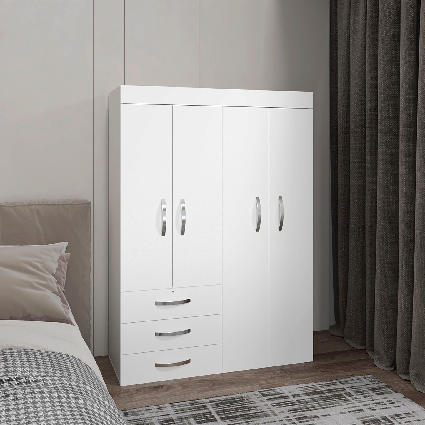 Denver Adjustable Armoire, Rods, Double Door Cabinet, Three Drawers, Two Shelves White