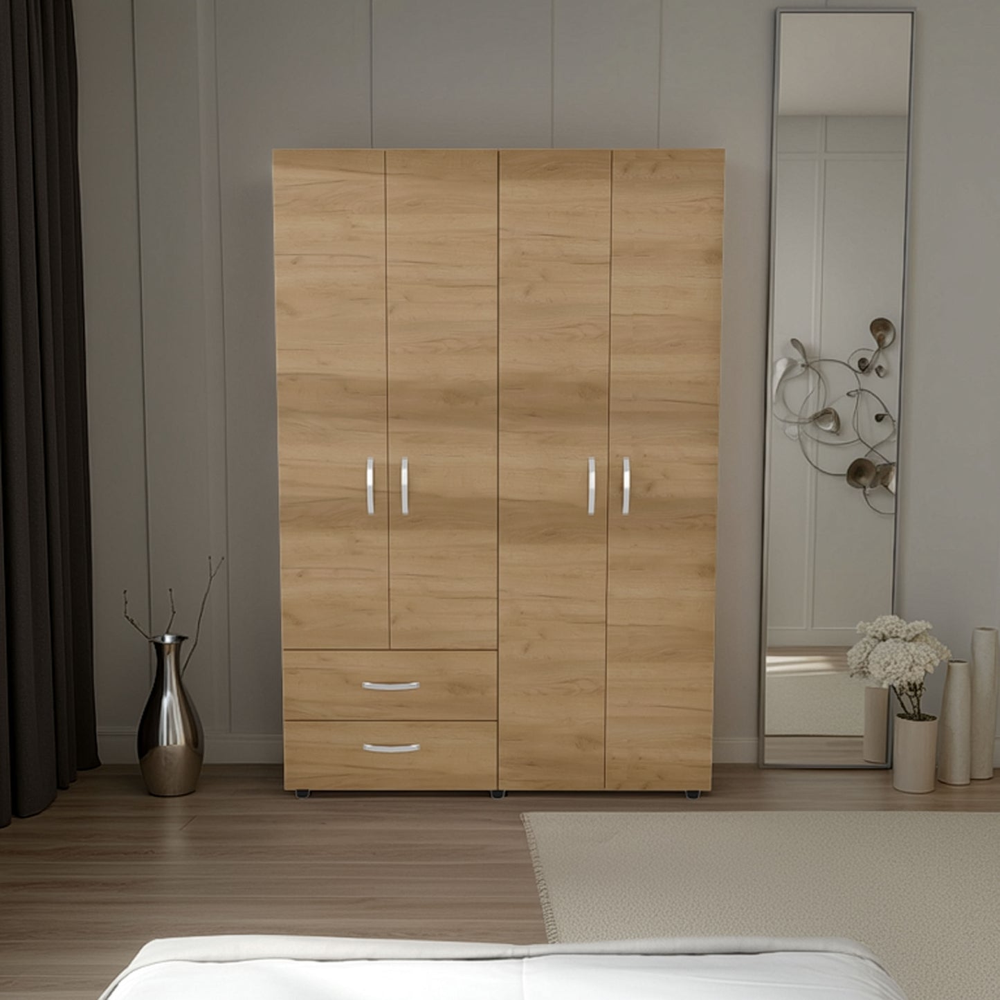 Ankora Armoire with 4 Doors, 2 Drawers, And 2 Hanging Rod, Storage Cabinet for Living Room, Bedroom, or Entryway