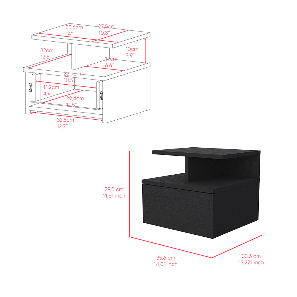 Black Particle Board Nightstand with Drawer - 13.23" W for Bedroom