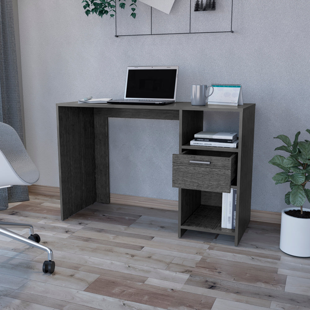 Computer Desk Odessa with Single Drawer and Open Storage Cabinets, Smokey Oak Finish