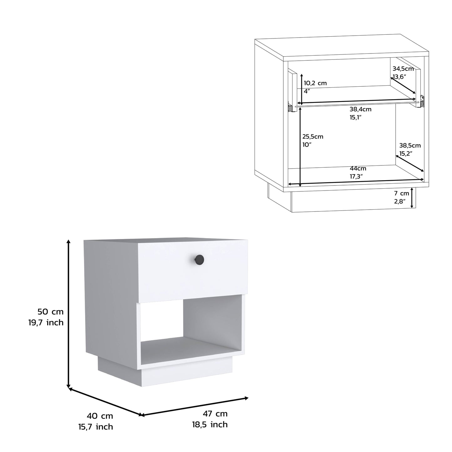 White Particle Board Nightstand - Open Shelf & Drawer