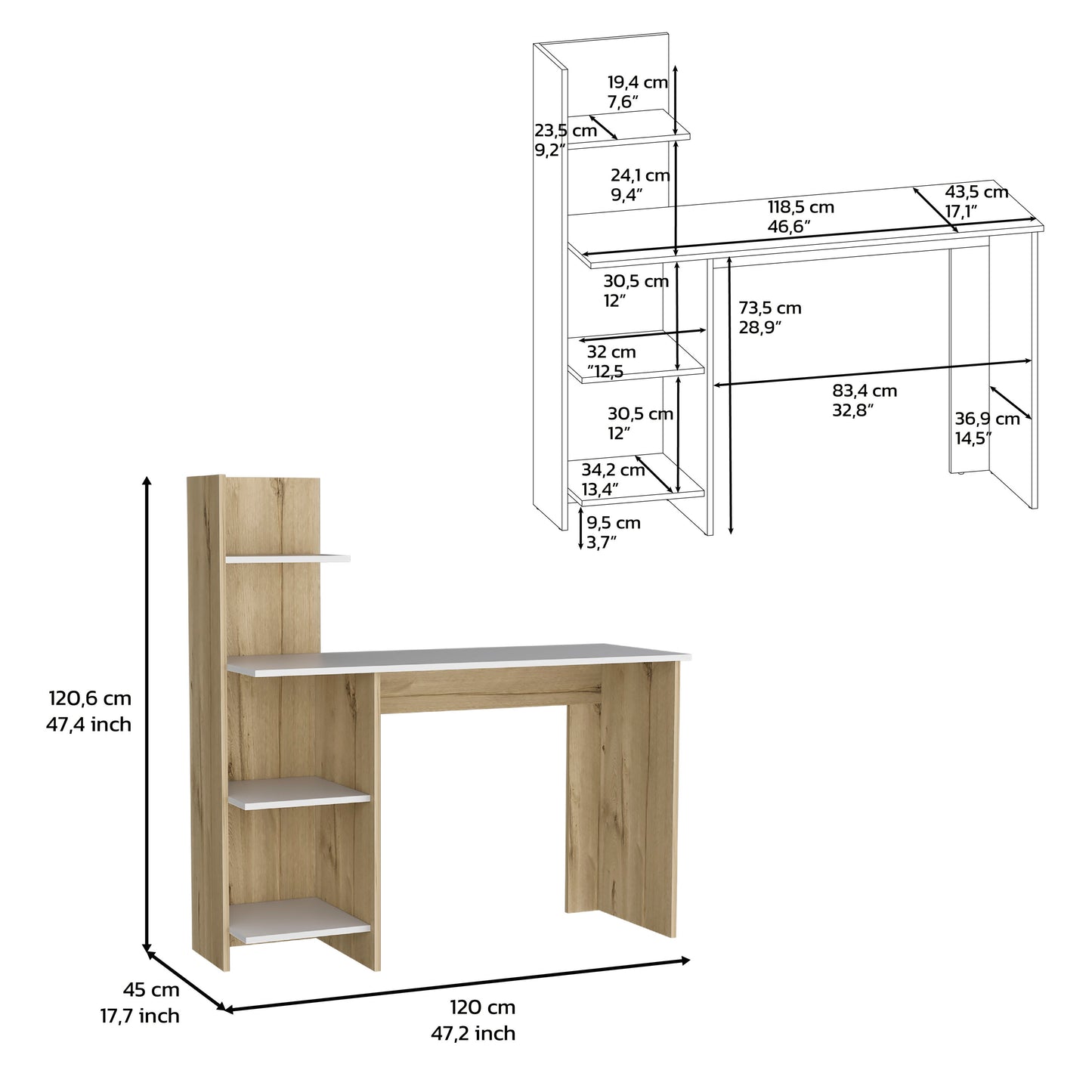 Multicolor Computer Desk with 3 Shelves - 47" Workspace