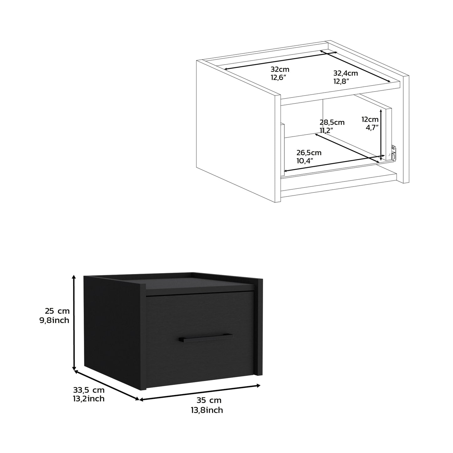 Black Wall-Mounted Nightstand with 1 Drawer - Bedroom Storage