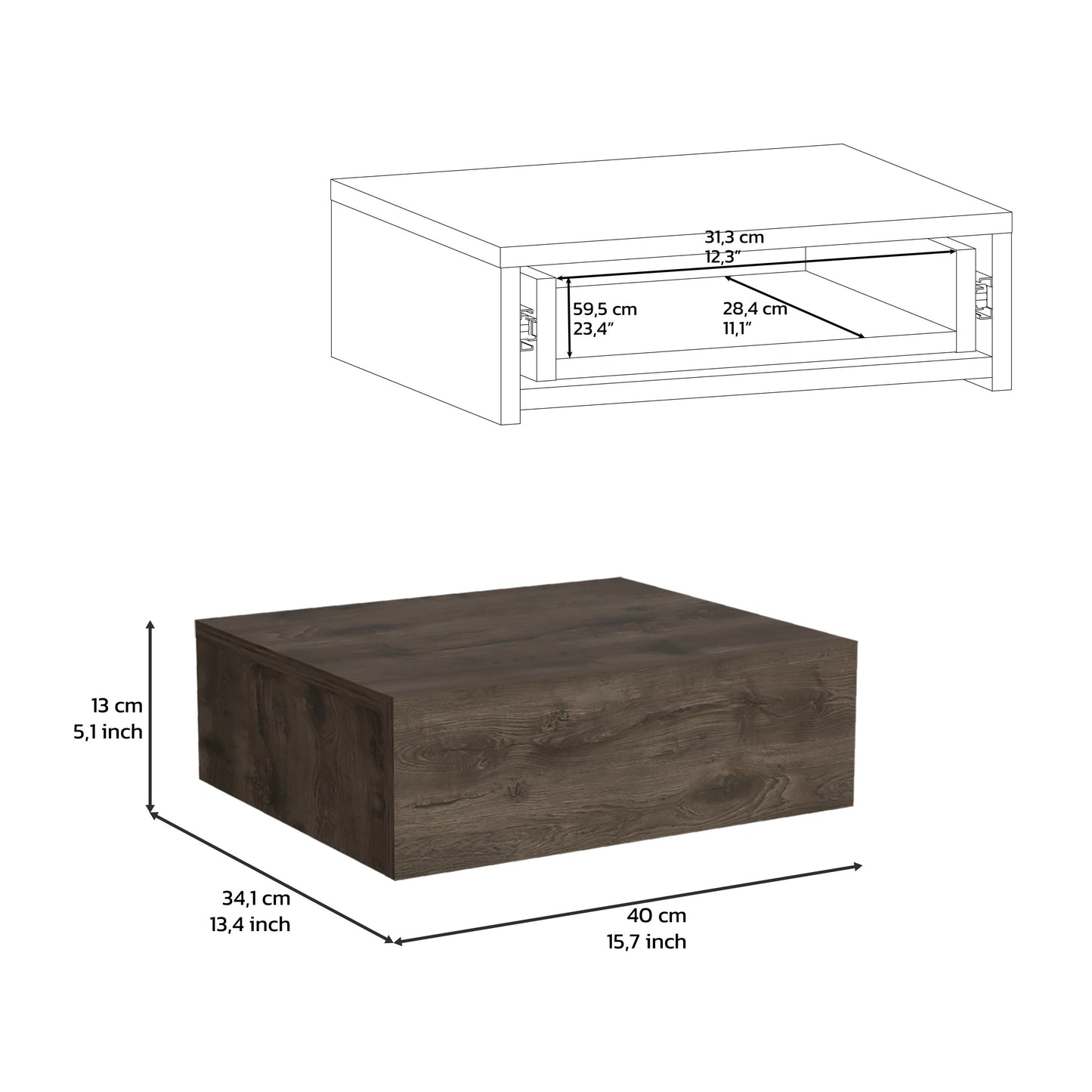 Dark Brown Pine Wall Mounted Nightstand with Drawer for Bedroom