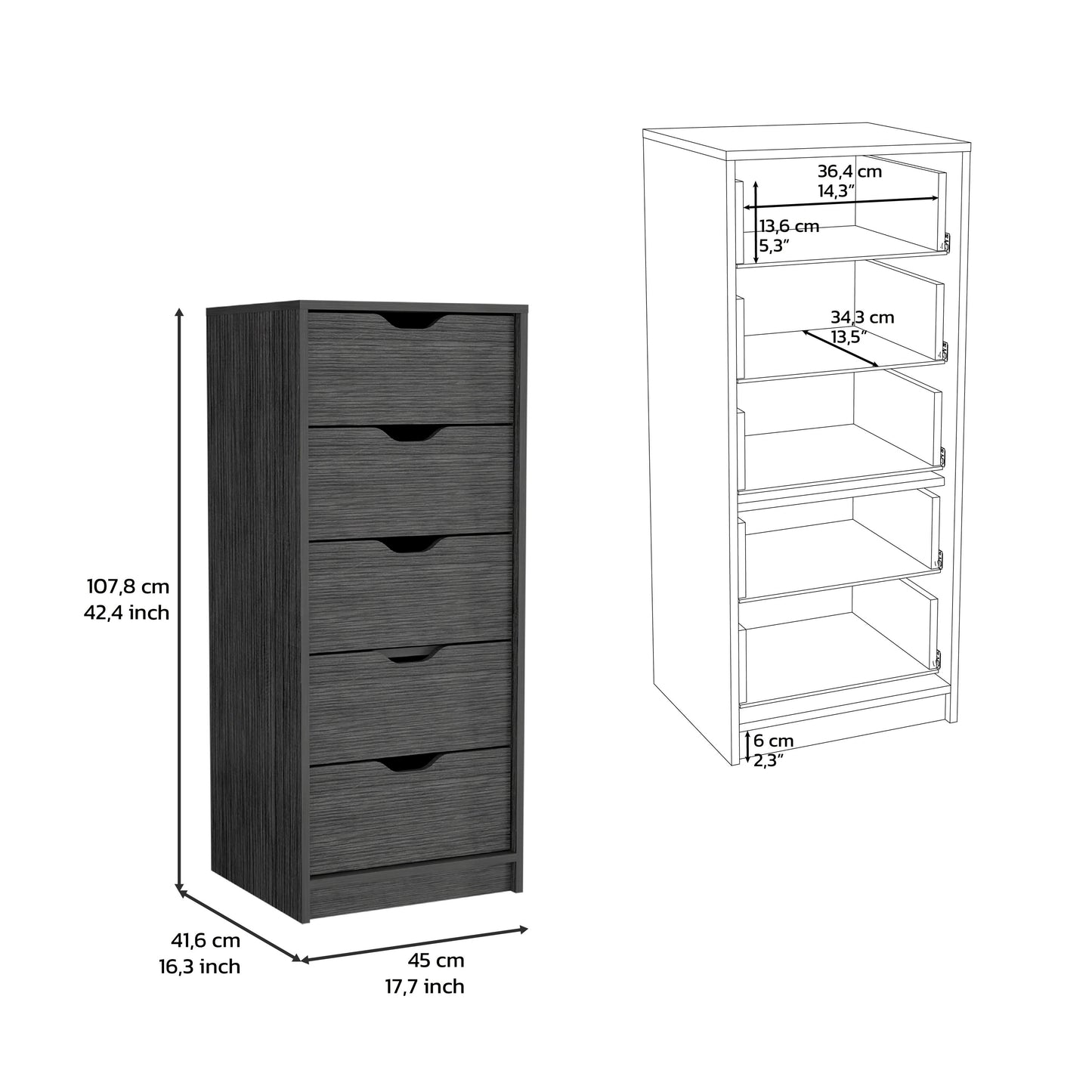 Narrow 42" Dresser - 5 Drawers, Oak Finish for Bedroom