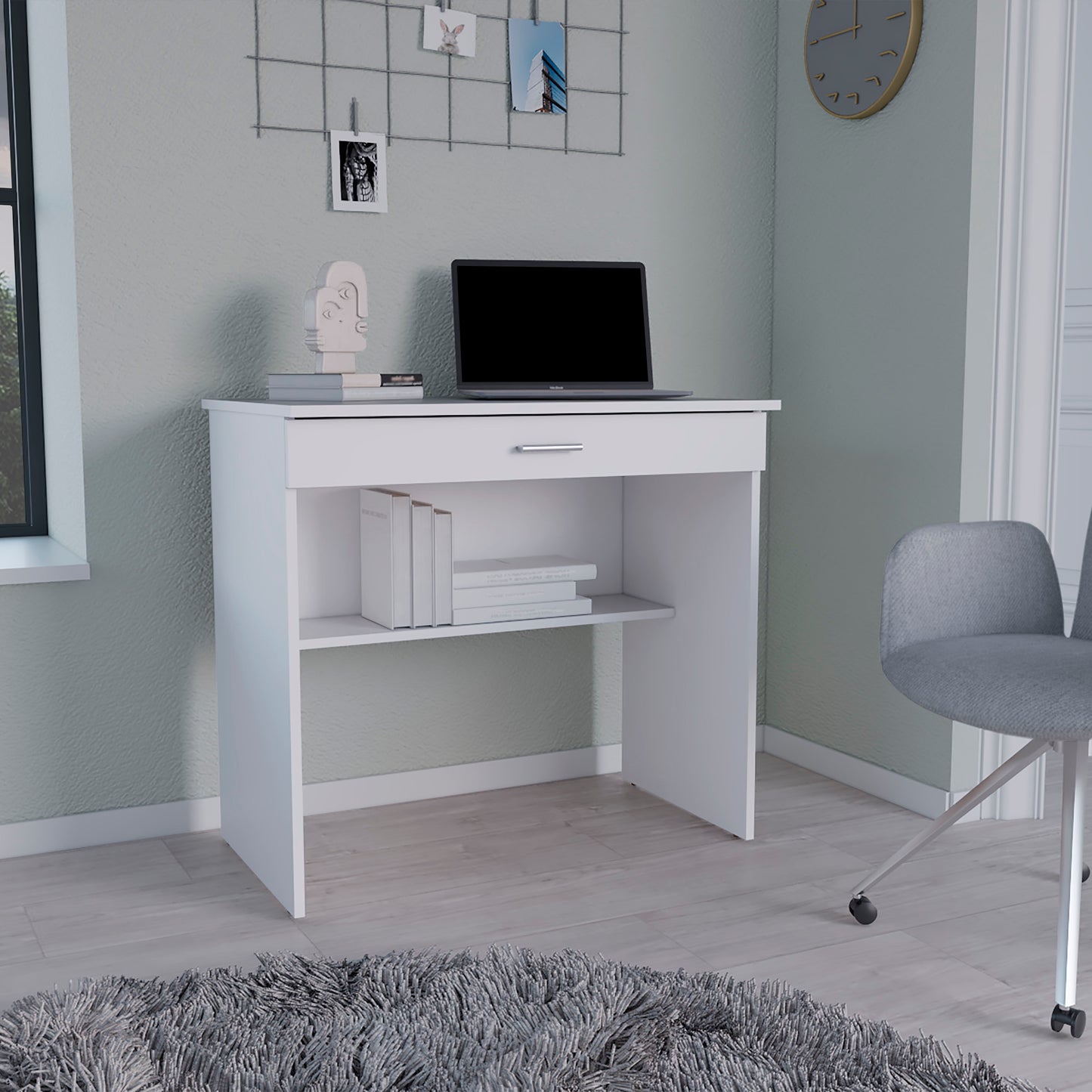 Montana Storage Desk, Spacious Stylish with Drawer and Shelf, White