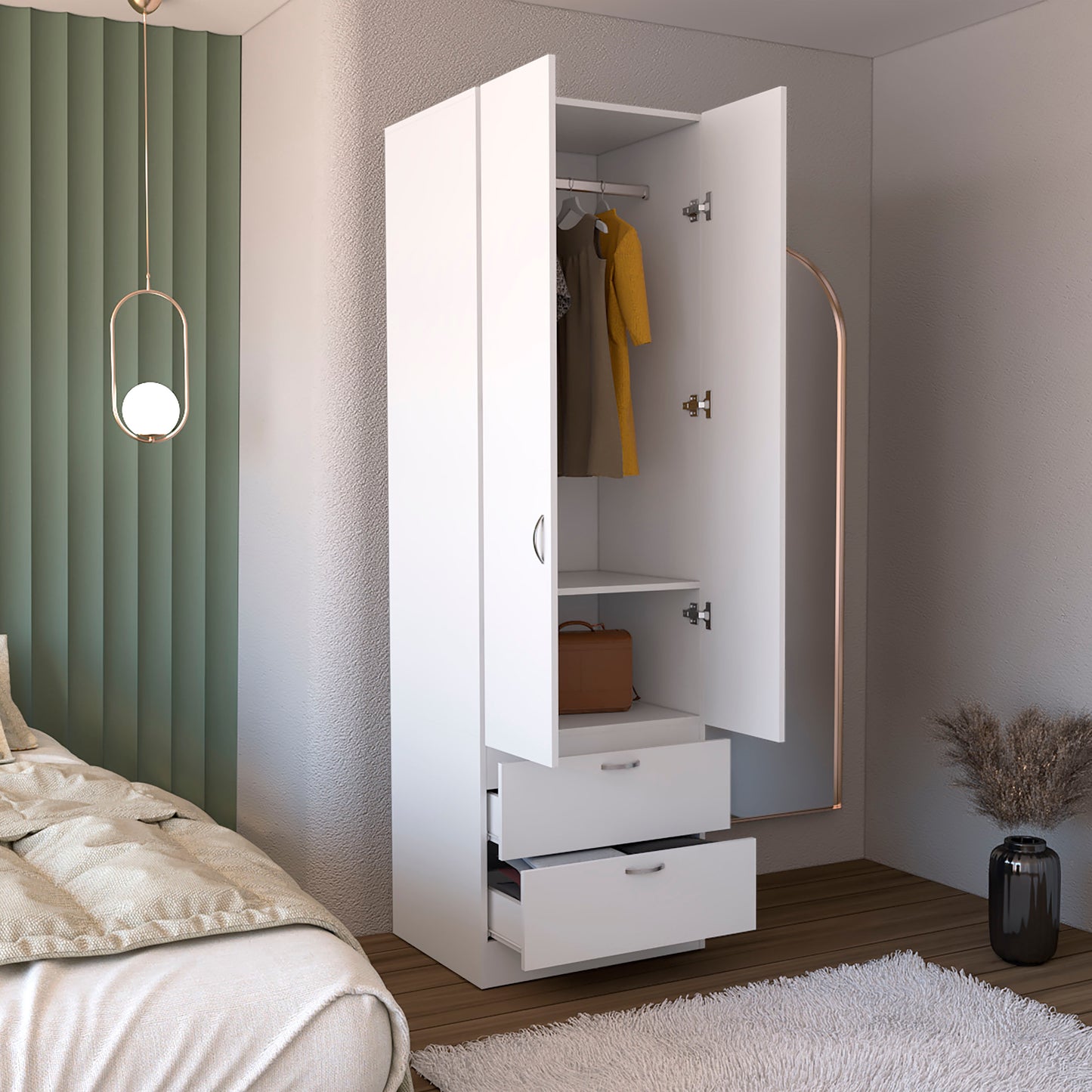White Engineered Wood Wardrobe with 2 Drawers and Shelf Storage for Bedroom