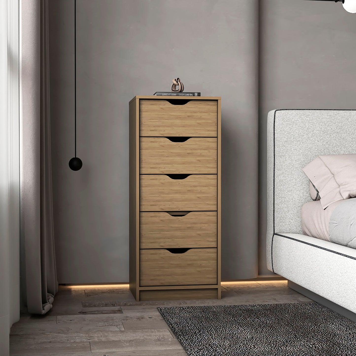 Dresser 42"H, 5 Drawers , Slim Storage Chest of Drawers, Natural Oak