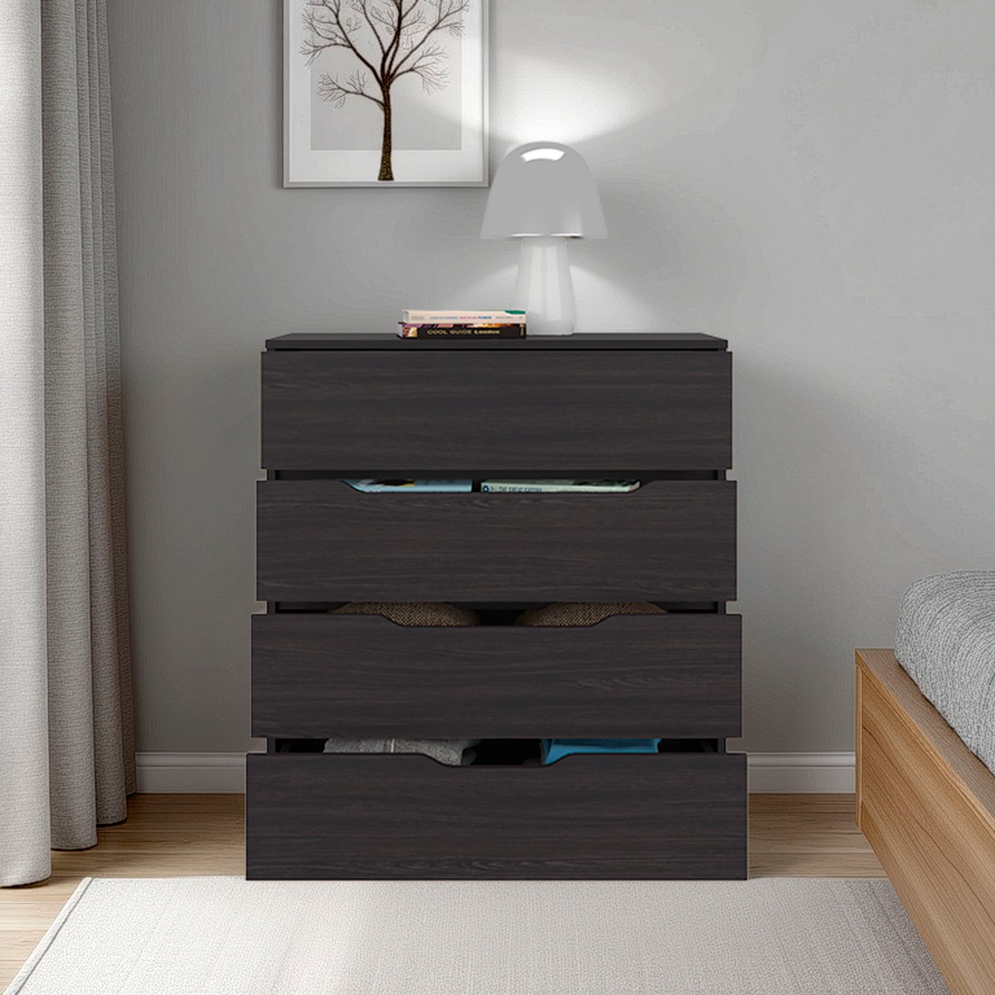 Black Engineered Wood Dresser - 4 Drawers, 35.1" Wide for Bedroom