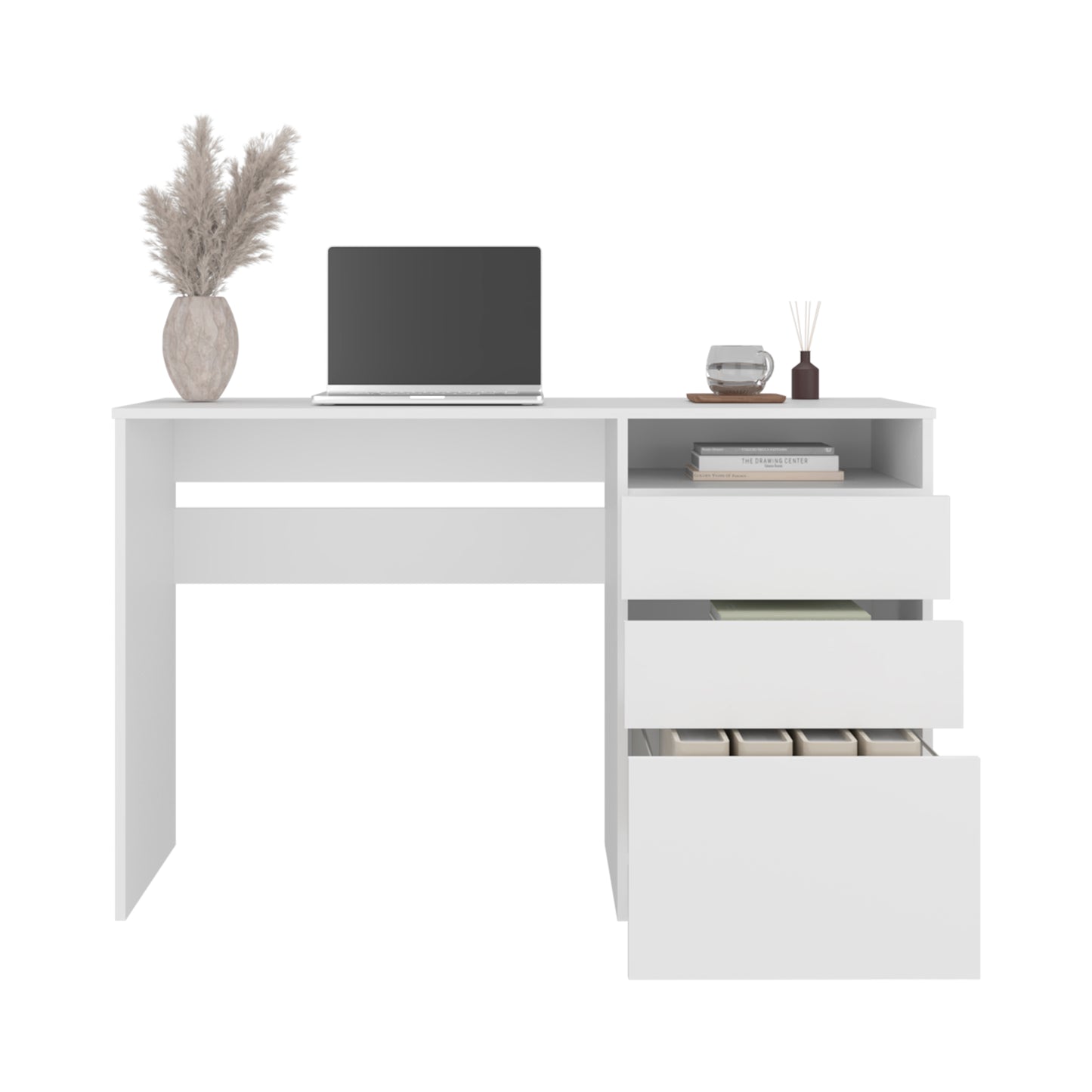 White 3-Drawer Computer Desk with Storage Shelf for Home Office