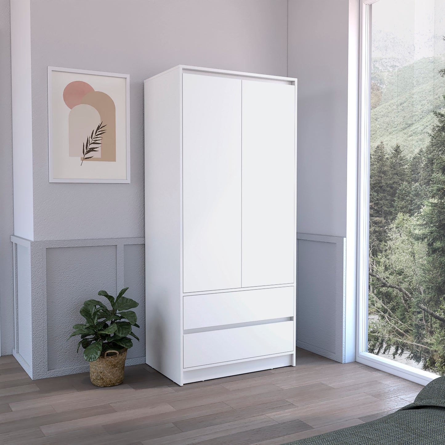 Armoire, Wardrobe Closet with Two Drawers,Hanging Rod, White