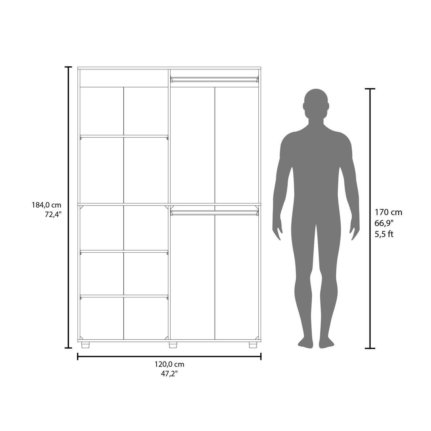 Gray Wardrobe with 5 Shelves - 72" Tall Storage Dresser