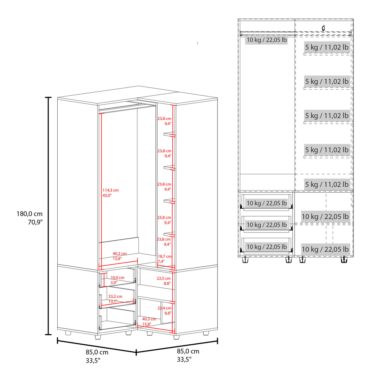 White 70" Bedroom Armoire with 3 Drawers & 7 Shelves