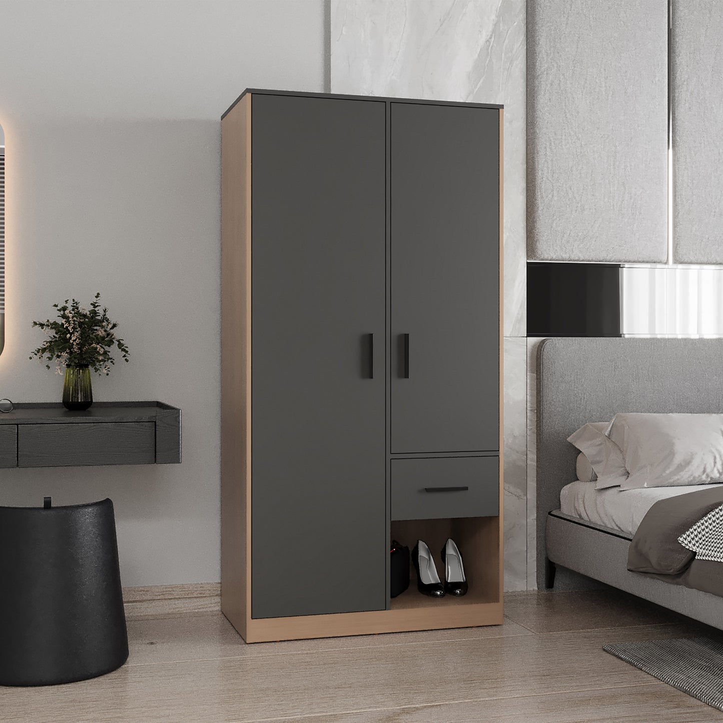 Armoire 70.9" H, 2 Doors, 1 Drawer, 2 Shelves, Matt Gray / Natural Oak - Bedroom