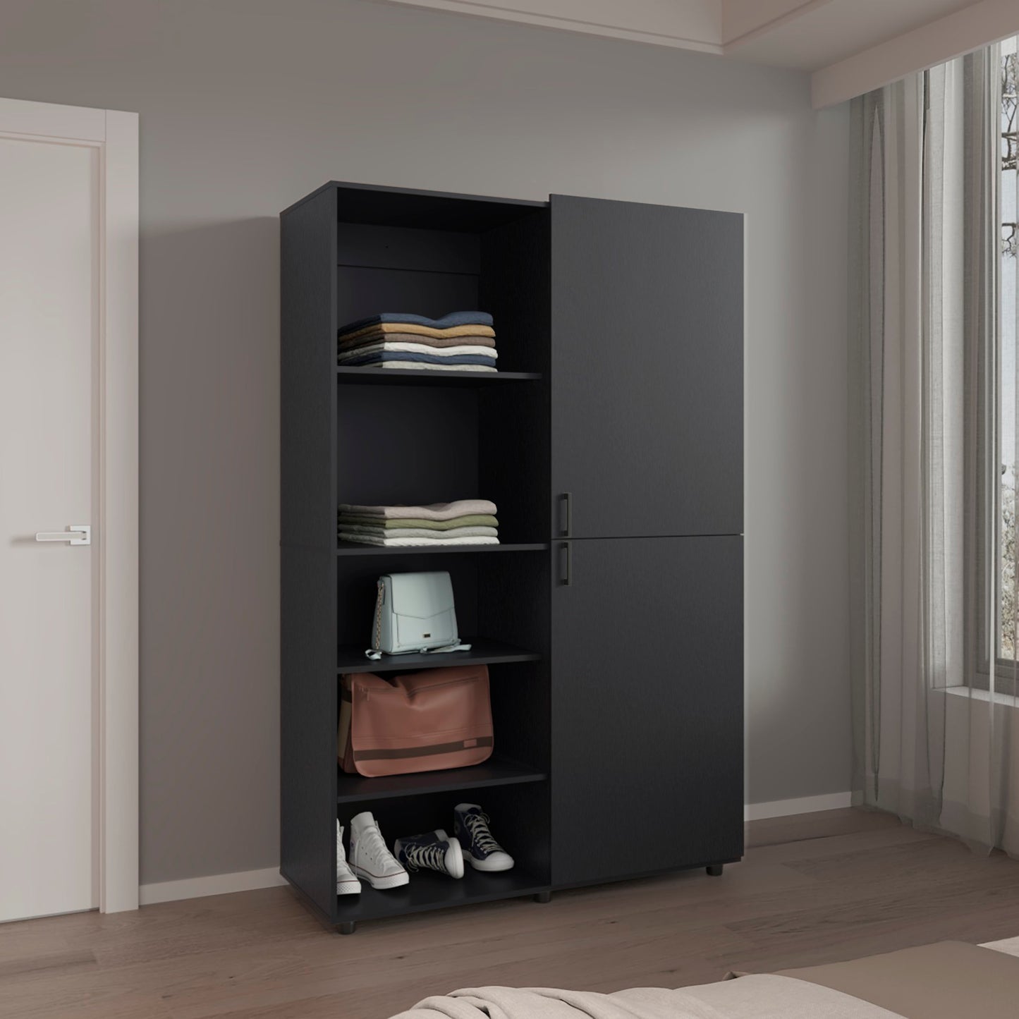 Wardrobe 72.4" H, 2 Doors, 6 Legs, 5 Shelves, Black Wengue - Wardrobe