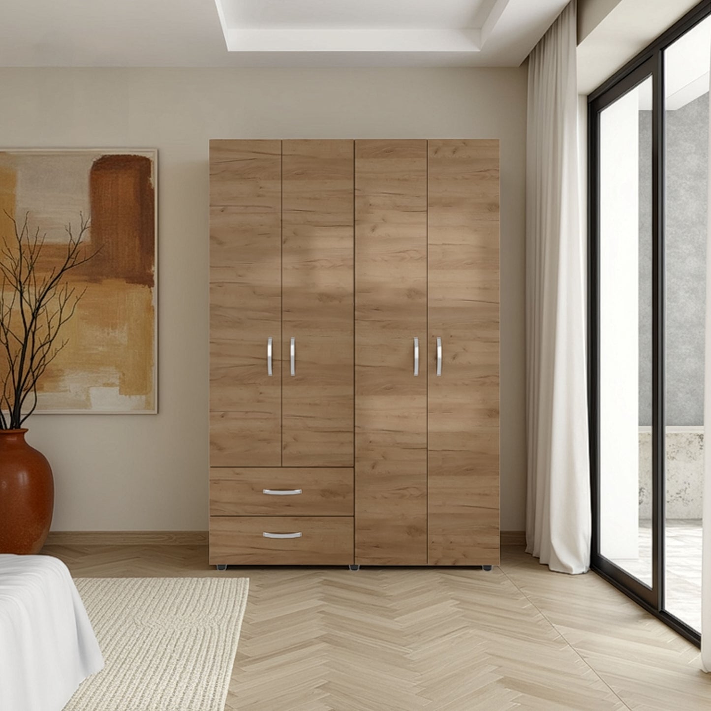 Armoire, 4 Doors, 2 Drawers, 3 Shelves, 70.9" H, Natural Oak - Bedroom