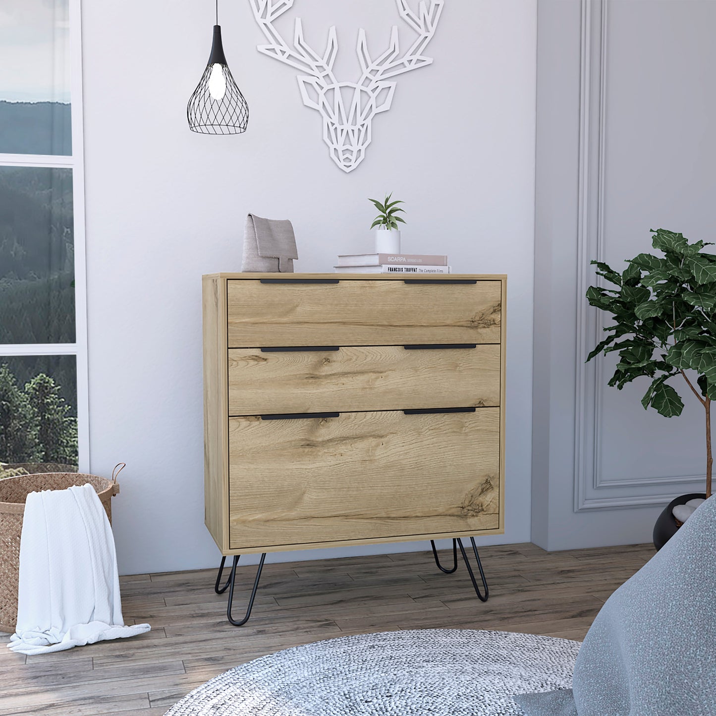 Praga Dresser, Three Drawers, Superior Top, Hairpin Legs