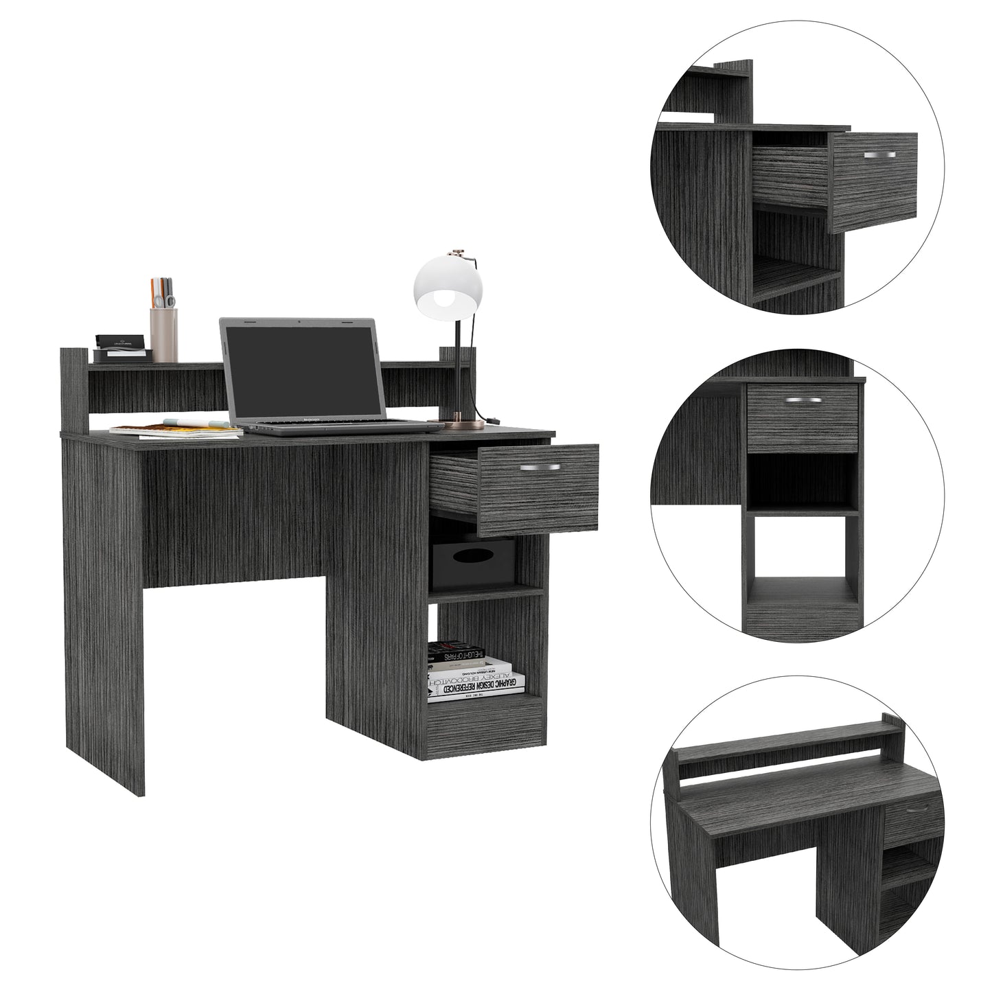 Charlotte Computer Desk - Smoke Gray with Storage Shelves & Drawer for Home Office
