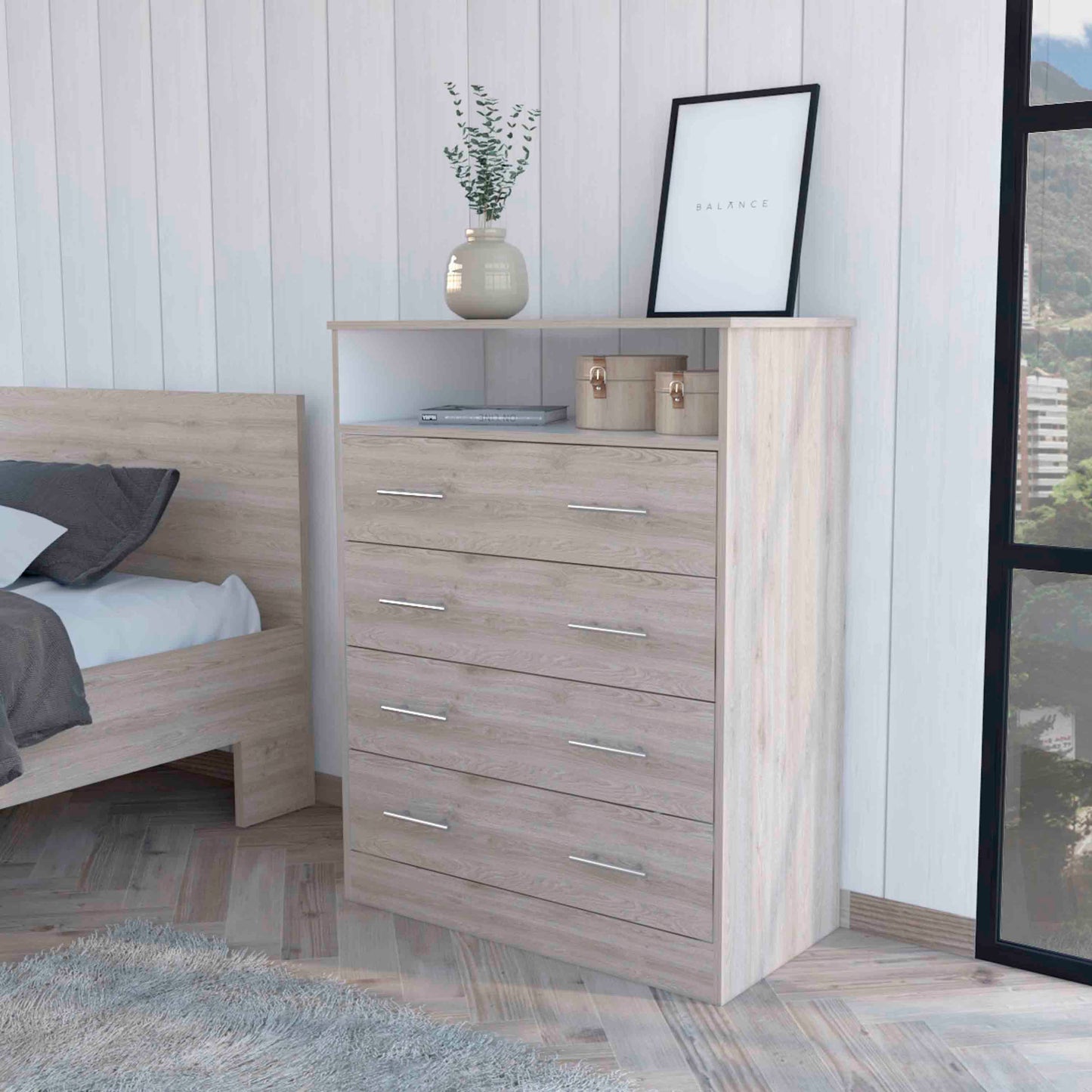 Lagos Four Drawer Dresser, One Shelf, Superior Top, Light Grey and White