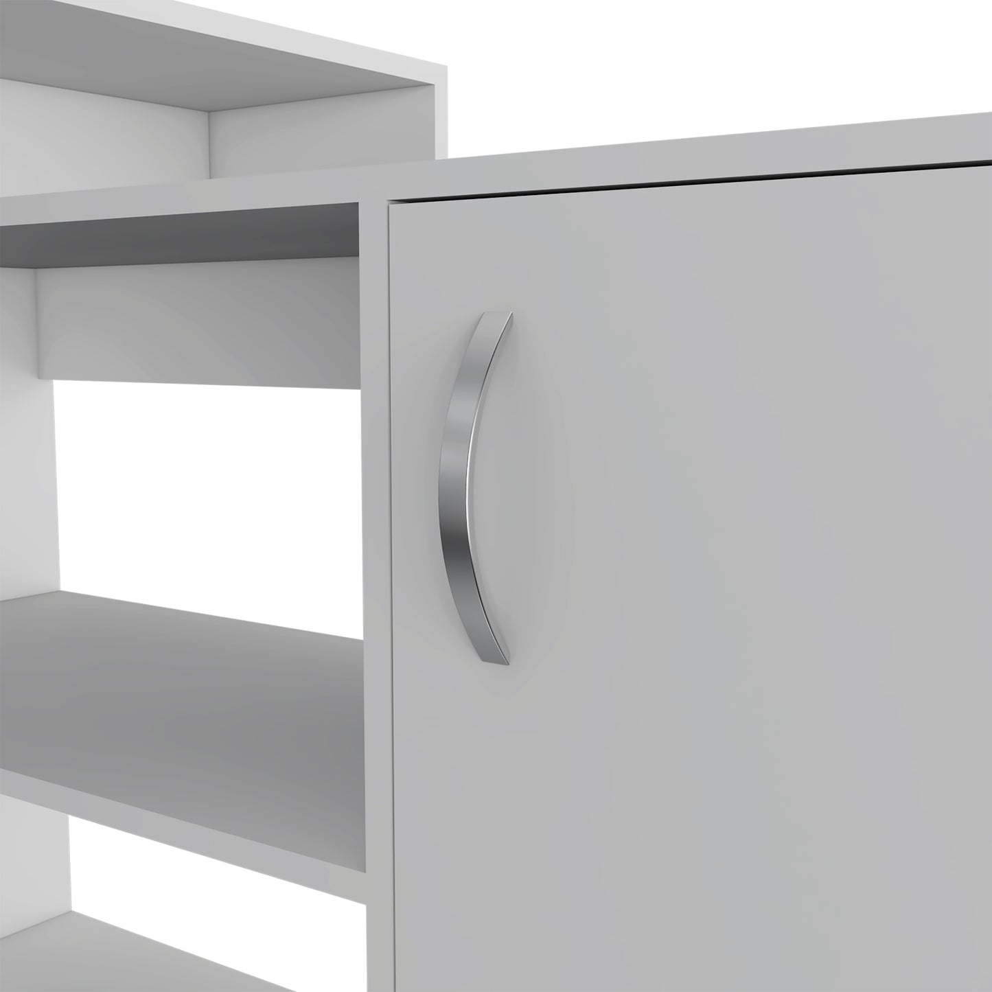 Modern L-Shaped White Computer Desk with Open Shelves and Cabinet