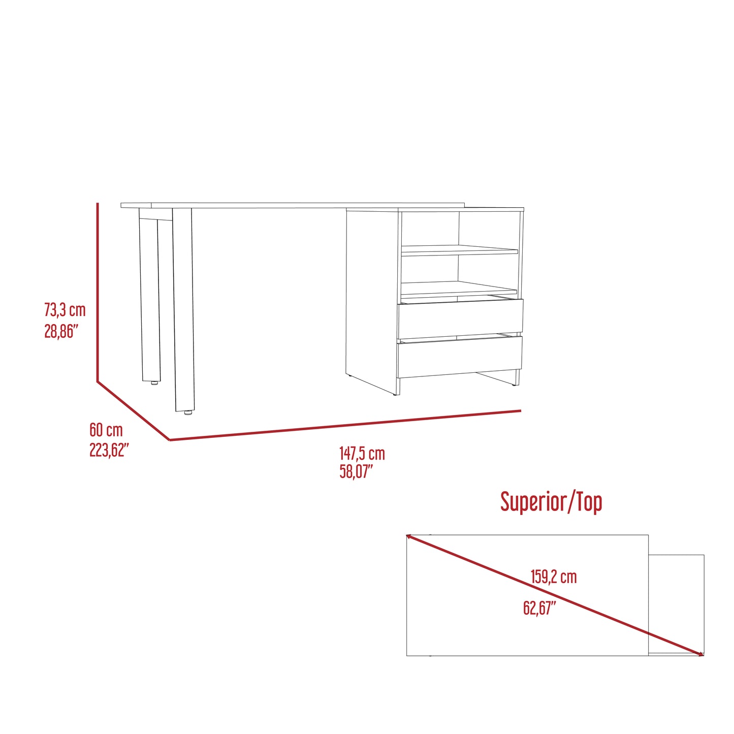 Light Grey Writing Desk with 2 Drawers & Shelves for Home Office