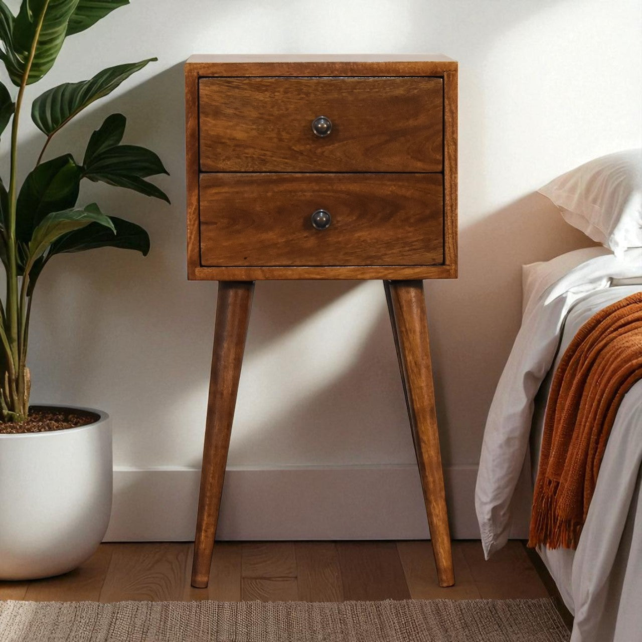 Solid Wood Mini Nightstand, 2-Drawers, Chestnut, Dark Brown