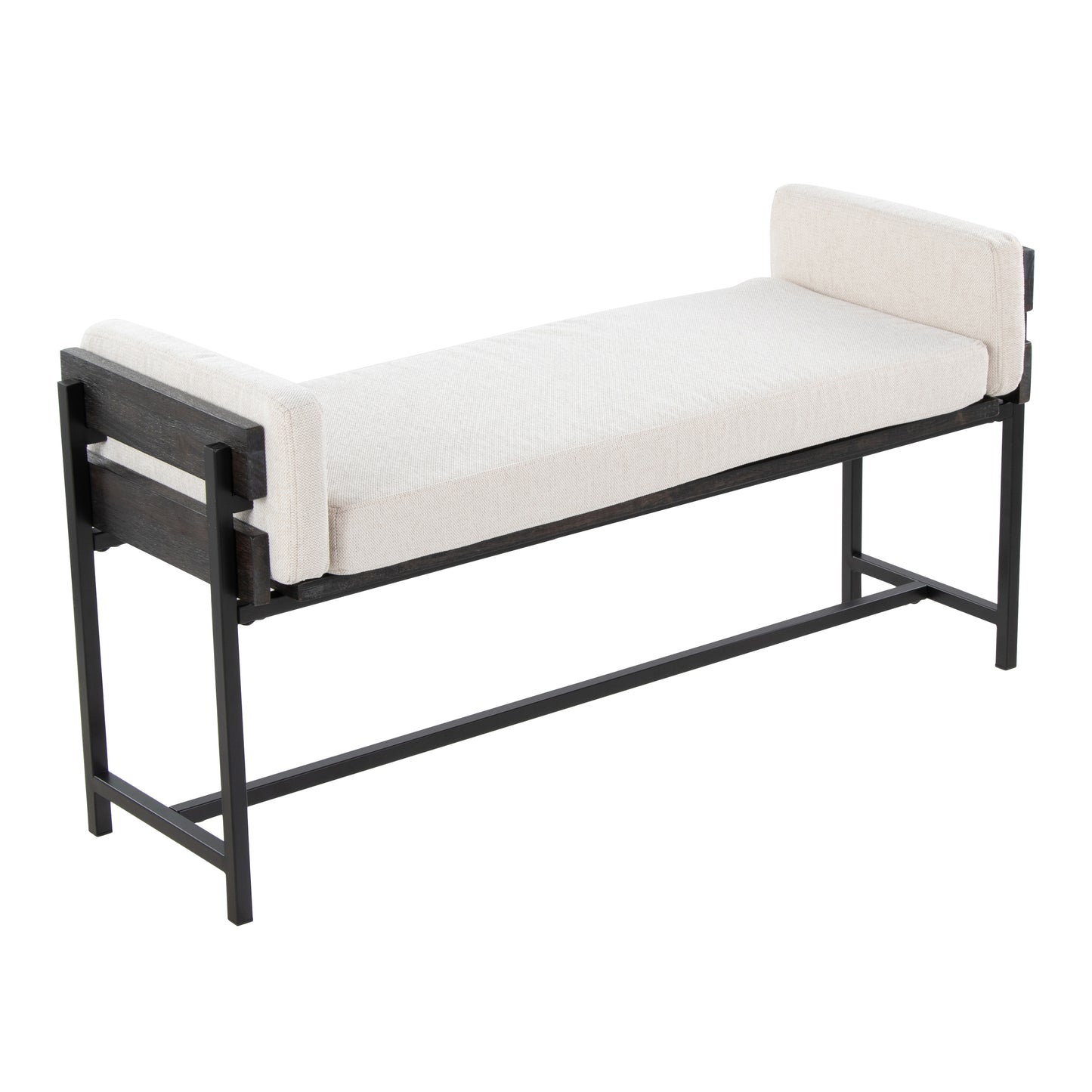 18" Bench with Black Metal, Grey Wood and Cream Fabric