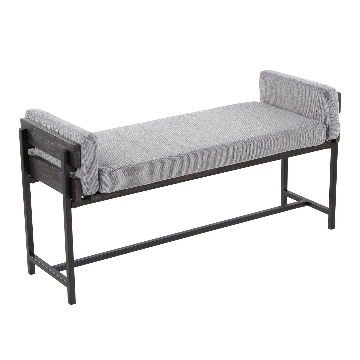 18" Bench with Black Metal, Grey Wood and Light Grey Fabric