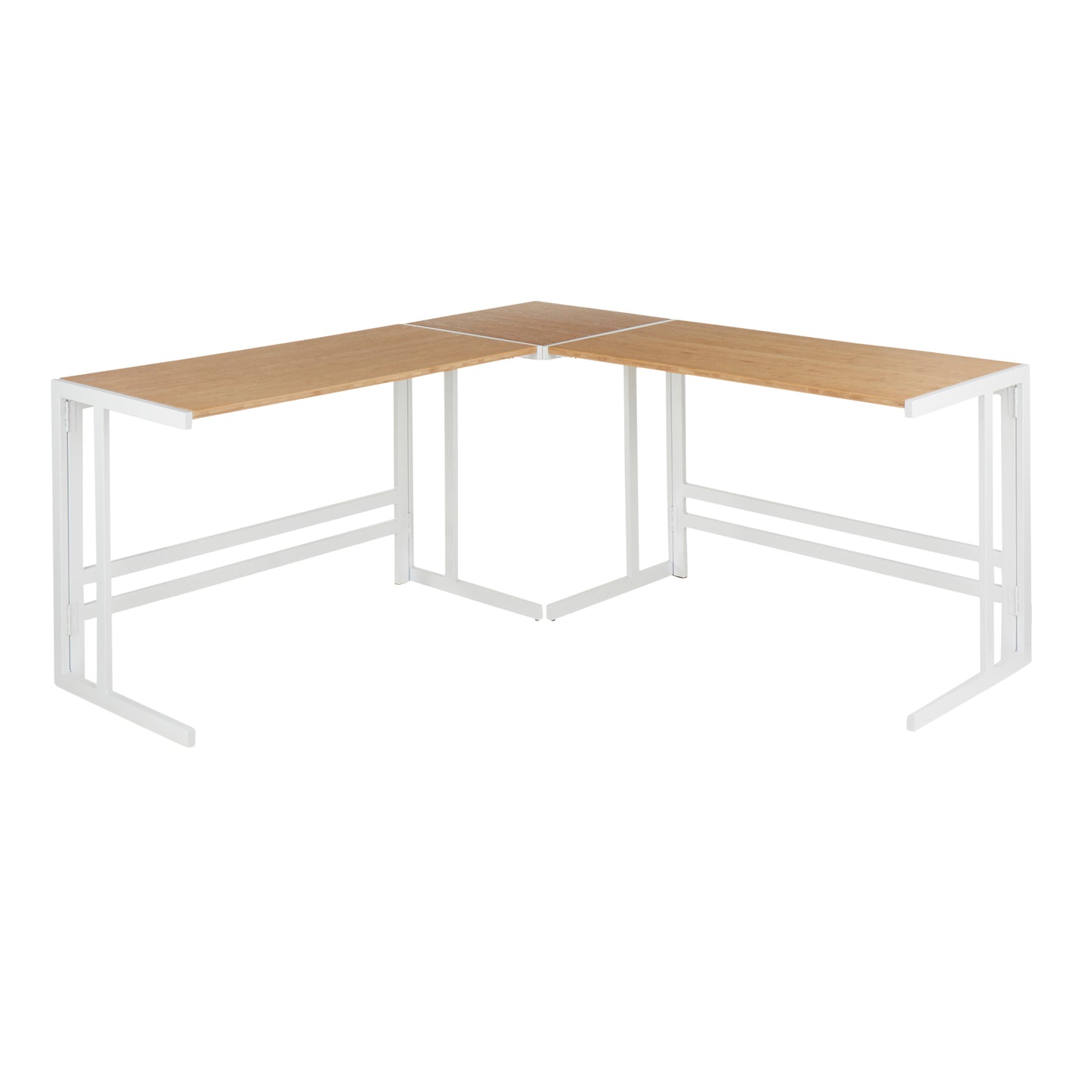 Roman Industrial "L" Shaped Desk in White Metal and Natural Wood-Pressed Grain Bamboo by