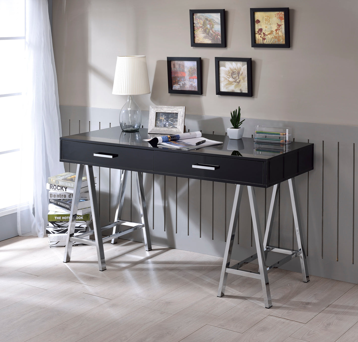 Coleen Black High Gloss & Chrome Finish Writing Desk W/USB
