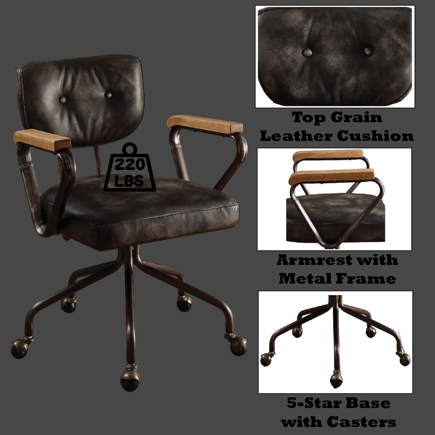Hallie Vintage Black Leather Office Chair - Executive Swivel Desk Chair