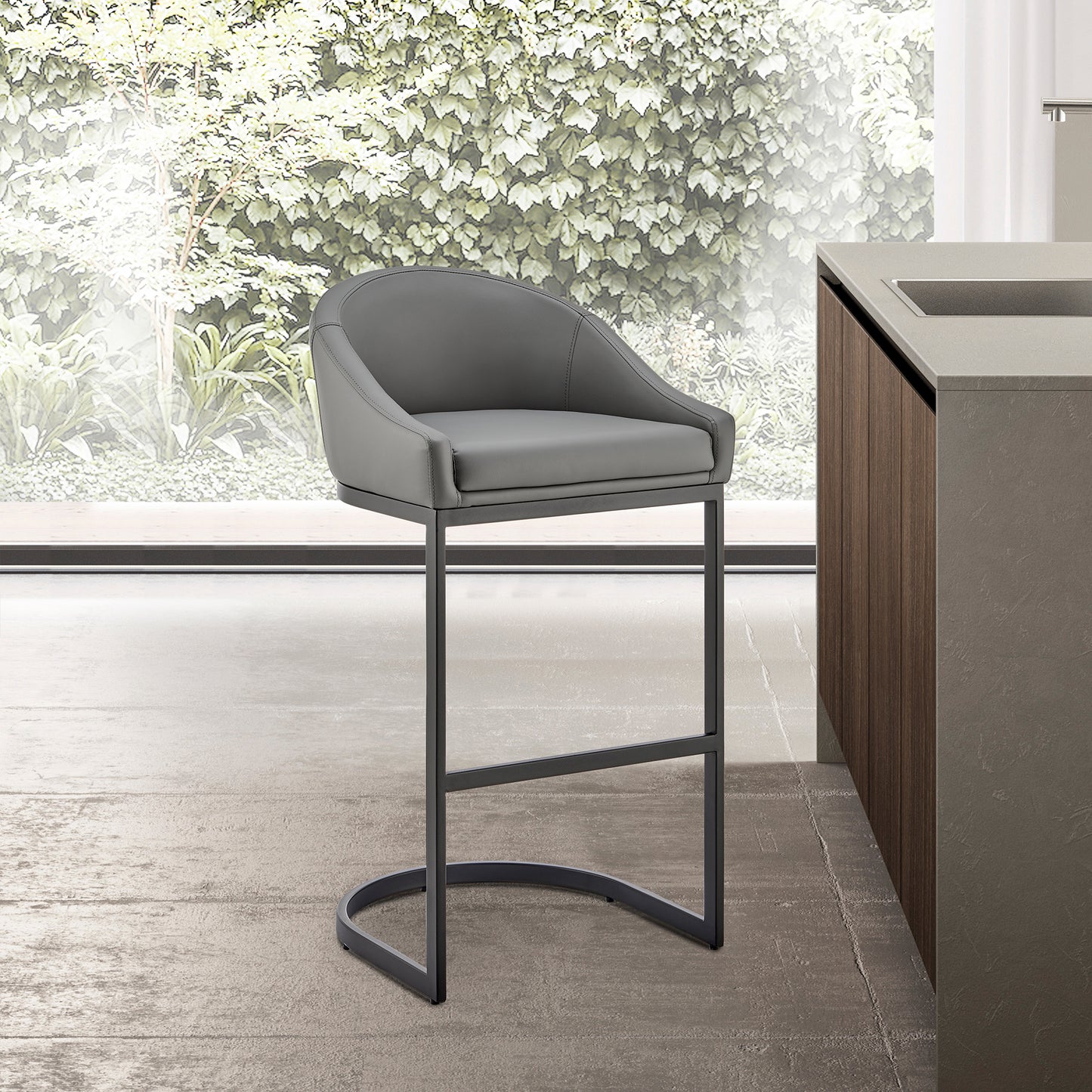 Ambrie Counter Stool in Black Metal with Gray Faux Leather
