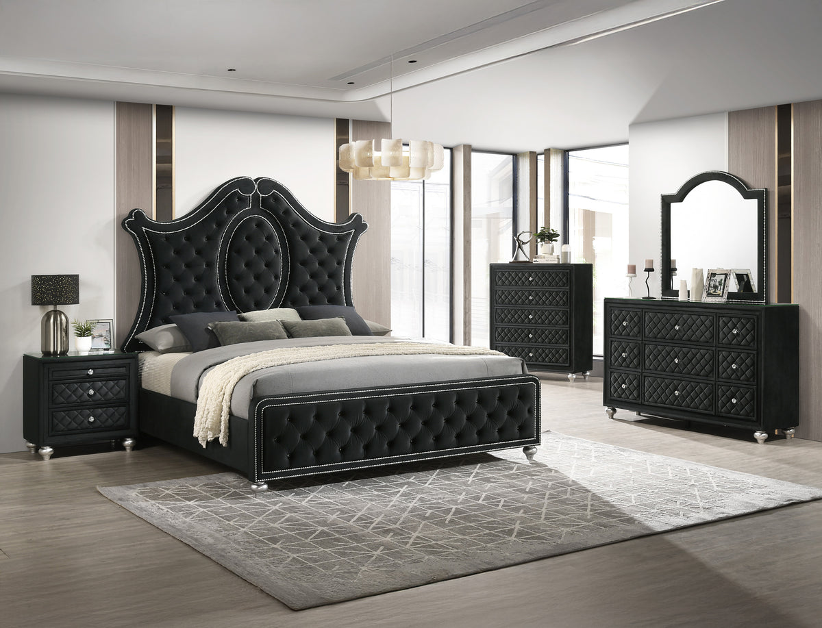 Black Modern Dresser - Nine Drawers & Velvet Tufting