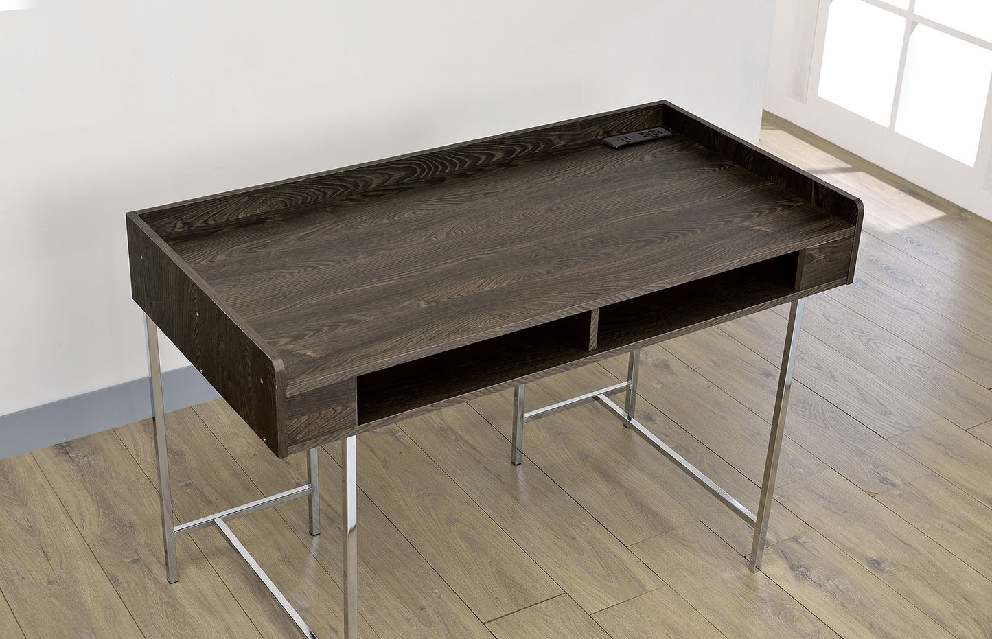 Contemporary Brown Chrome Metal Computer Desk with Drawer Storage