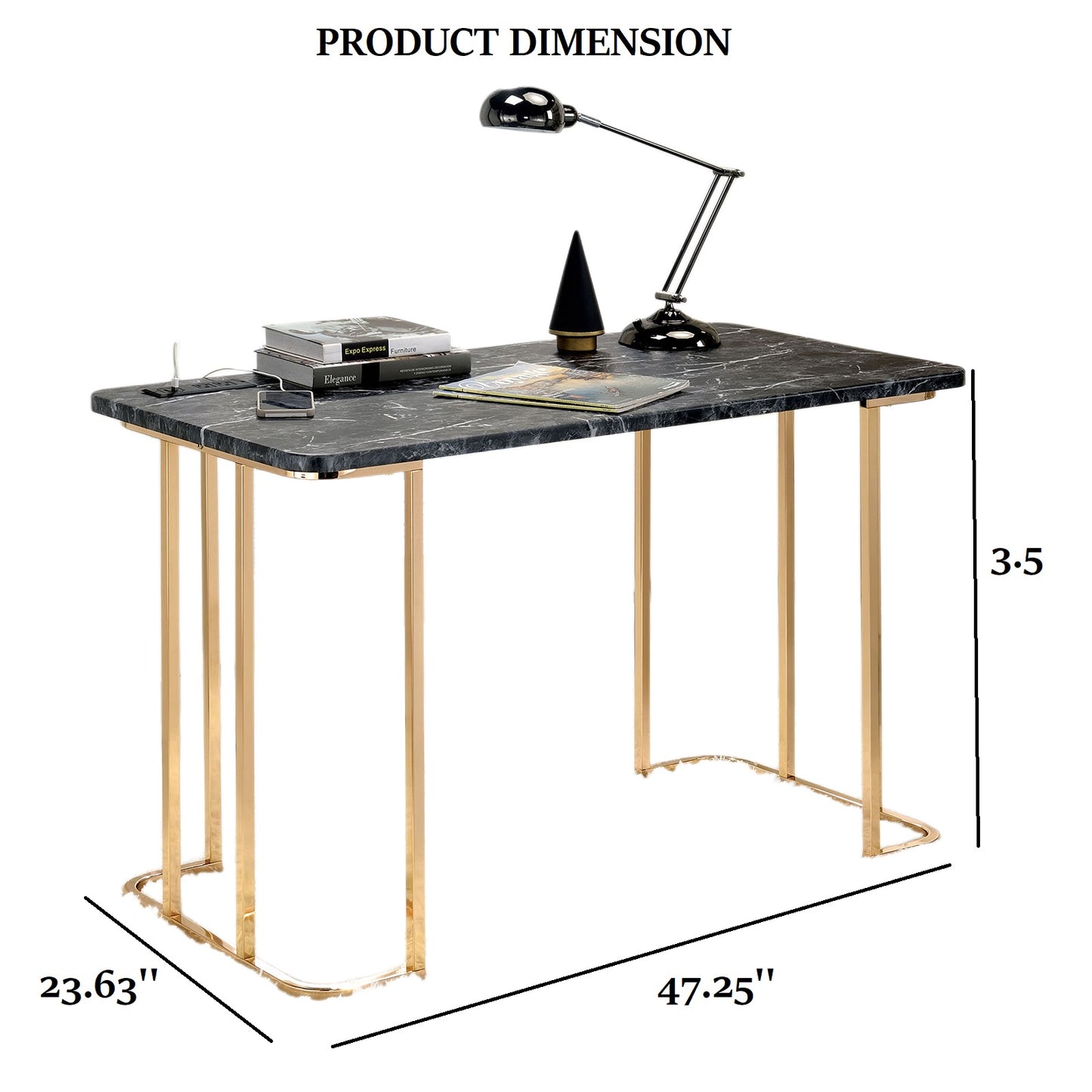 Gold Black Computer Desk Rectangular Office Desk 47.25"