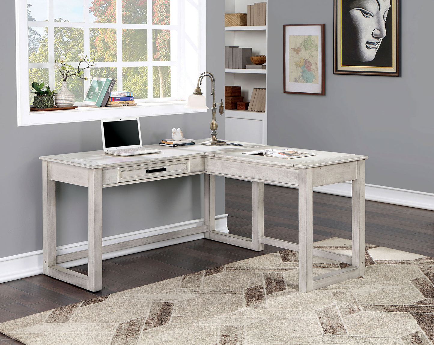 Solid Wood Transitional Computer Desk with Antique White Drawers