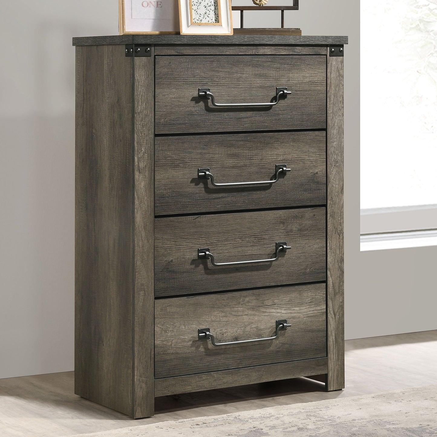 Rustic Style Farmhouse Look 1pc Chest Drop Handles Antique Brass Color Four English Dovetail Drawers Center Metal Glides Rustic Gray Finish