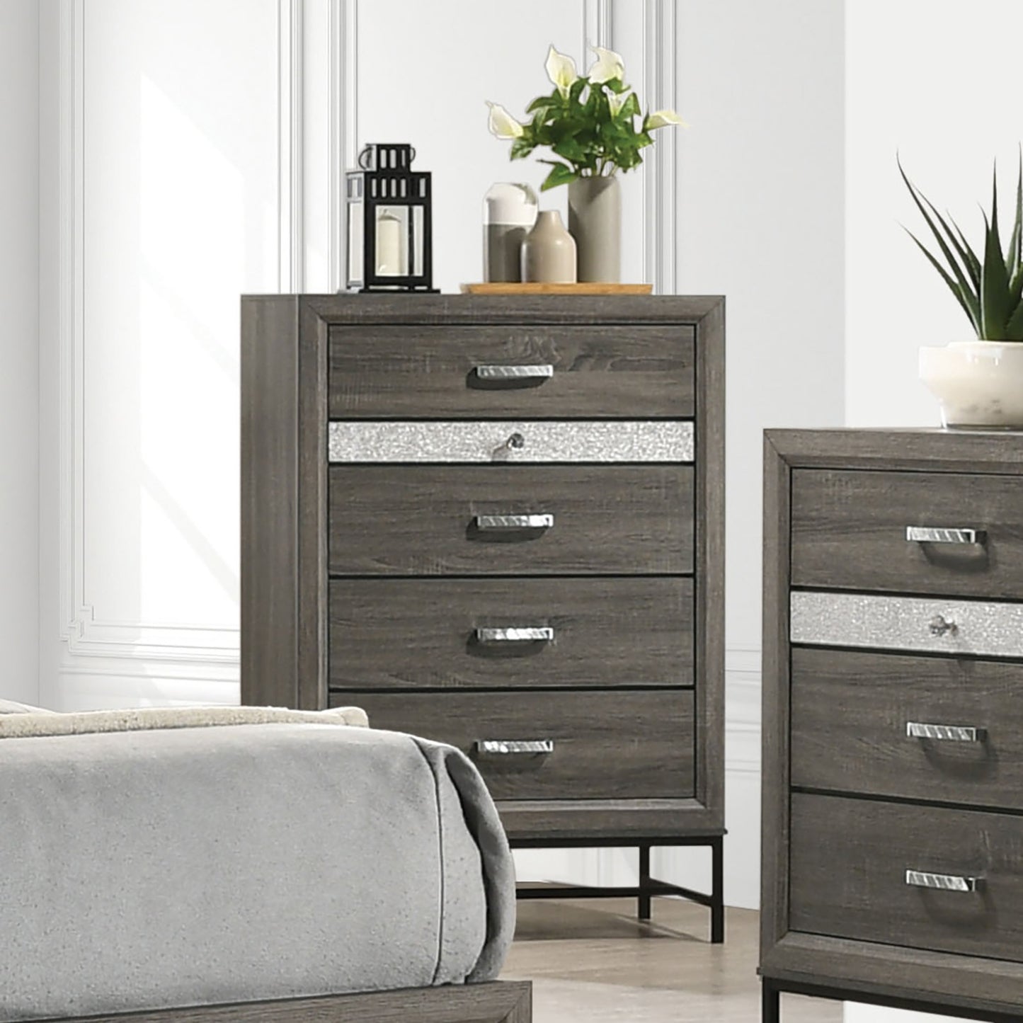 Contemporary Style 4-Drawers Chest 1pc Metal Legs Acrylic Accent Drawer Handles Gray Finish Bedroom Furniture