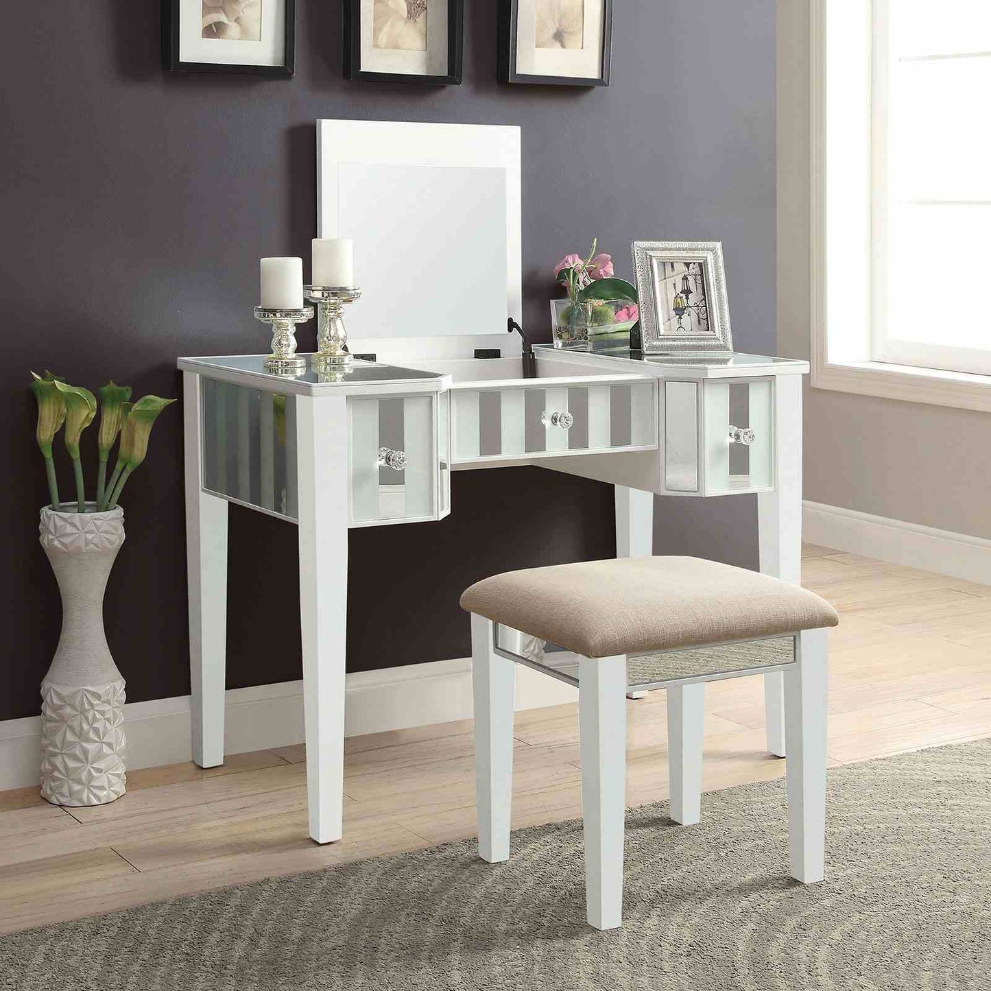 Transitional Style 1pc Vanity w/ Stool Set Core Design Storage Drawers Central Mirror Padded Stool White Finish Bedroom Furniture