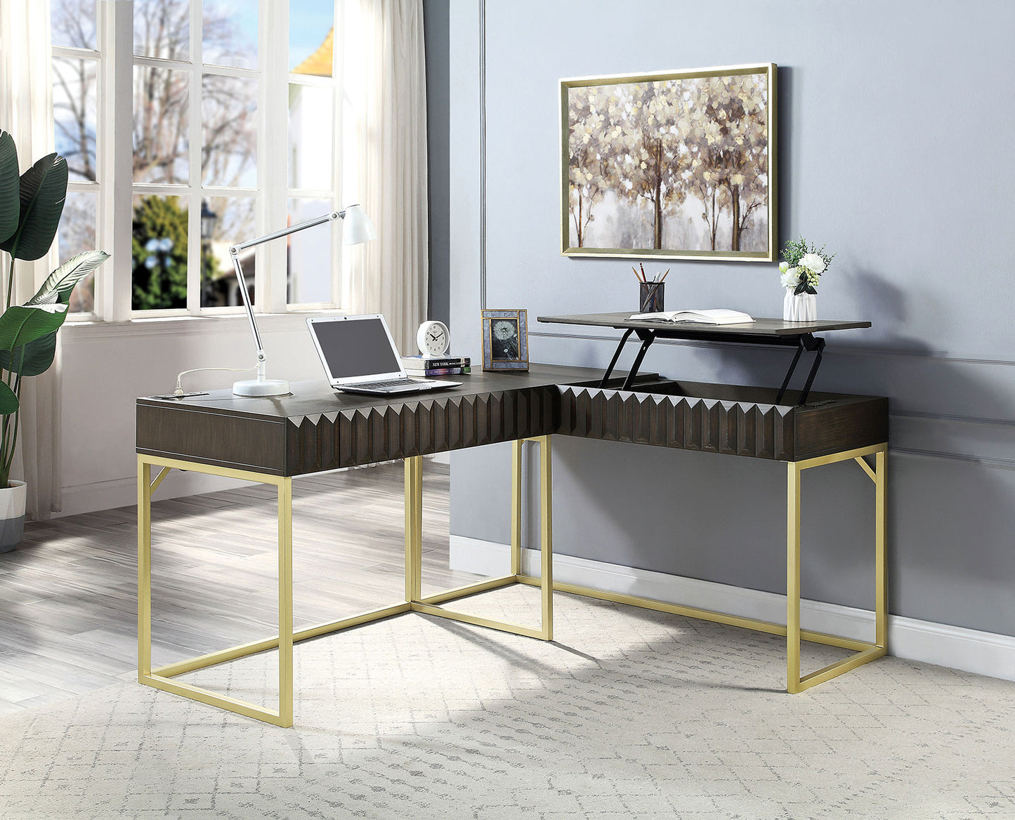 Transitional Two-tone Computer Desk Walnut, USB Port Lift Top Design And Concealed Drawer