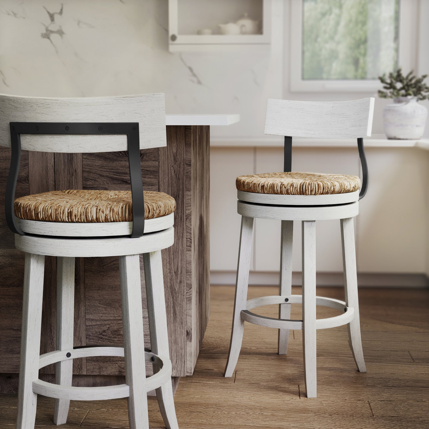 31" Wood Bar-Height Bar Stool with Natural Seagrass Seat, Reclaimed White, 1PC