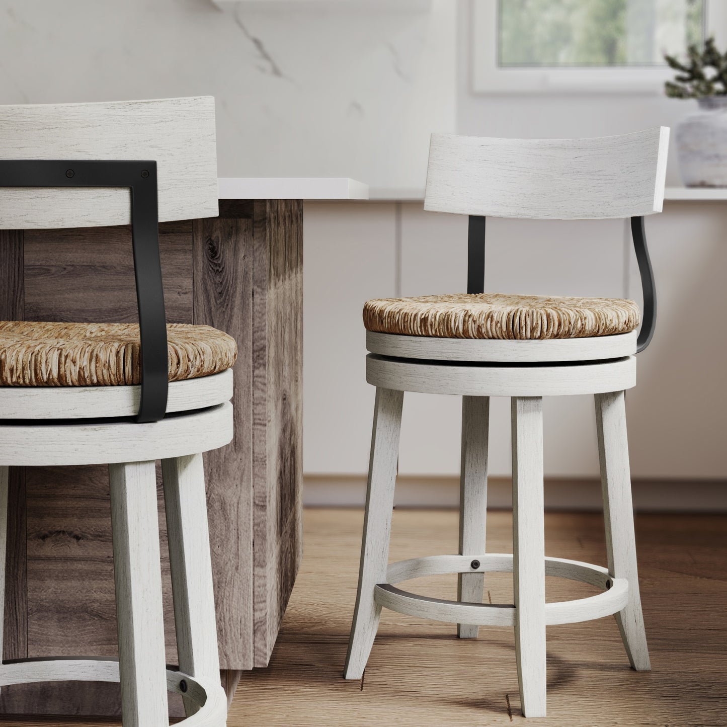 26" Wood Counter-Height Bar Stool with Natural Seagrass Seat, Reclaimed White, 1PC