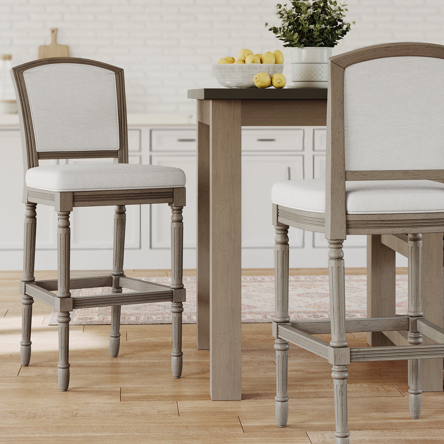 31" Weathered Gray Bar-Height Bar Stool with Gray Upholstered Seat and Back, 1PC