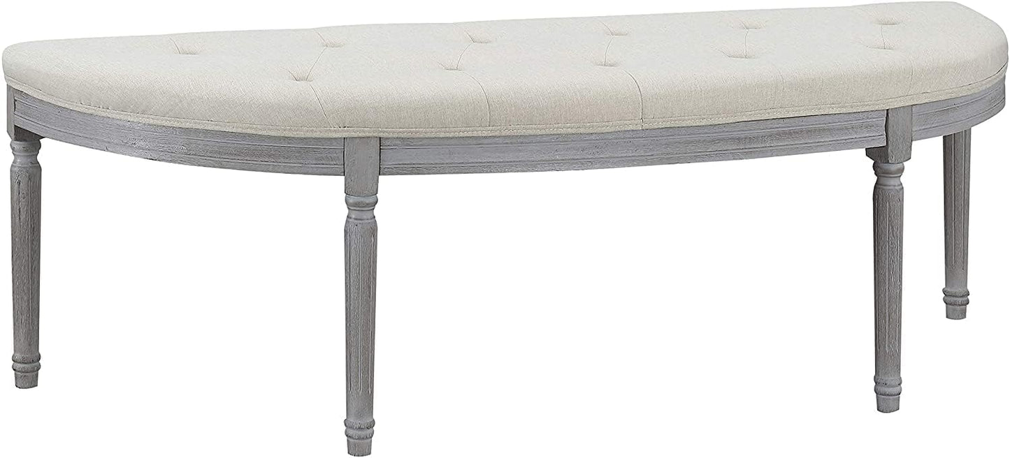 Coastal Button Tufted Light Beige Upholstered Bench with Weathered Gray Legs